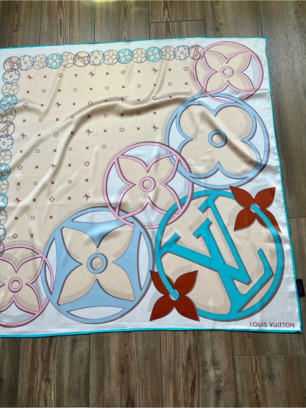 100 % silk Cream, Light Blue & Pink Monogram Scarf with Rust Accents 34/34 inche